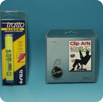 Blister trasparente per articoli da ufficio, evidenziatore e box Clip Arts su cartoncino stampato.
