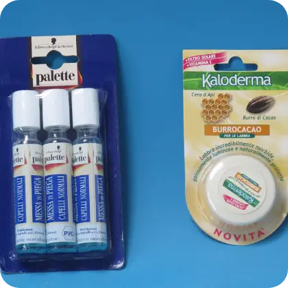 Blister trasparente multiplo per fiale cosmetiche e confezione Kaloderma su cartoncino.