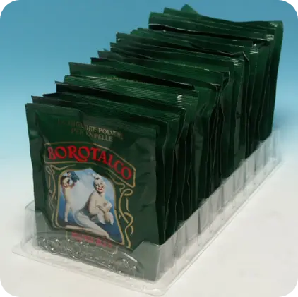Vassoio espositore in plastica trasparente per bustine Borotalco – packaging Seriplast