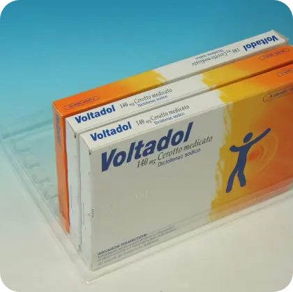 Espositore termoformato per confezioni Voltadol – produzione Seriplast Firenze